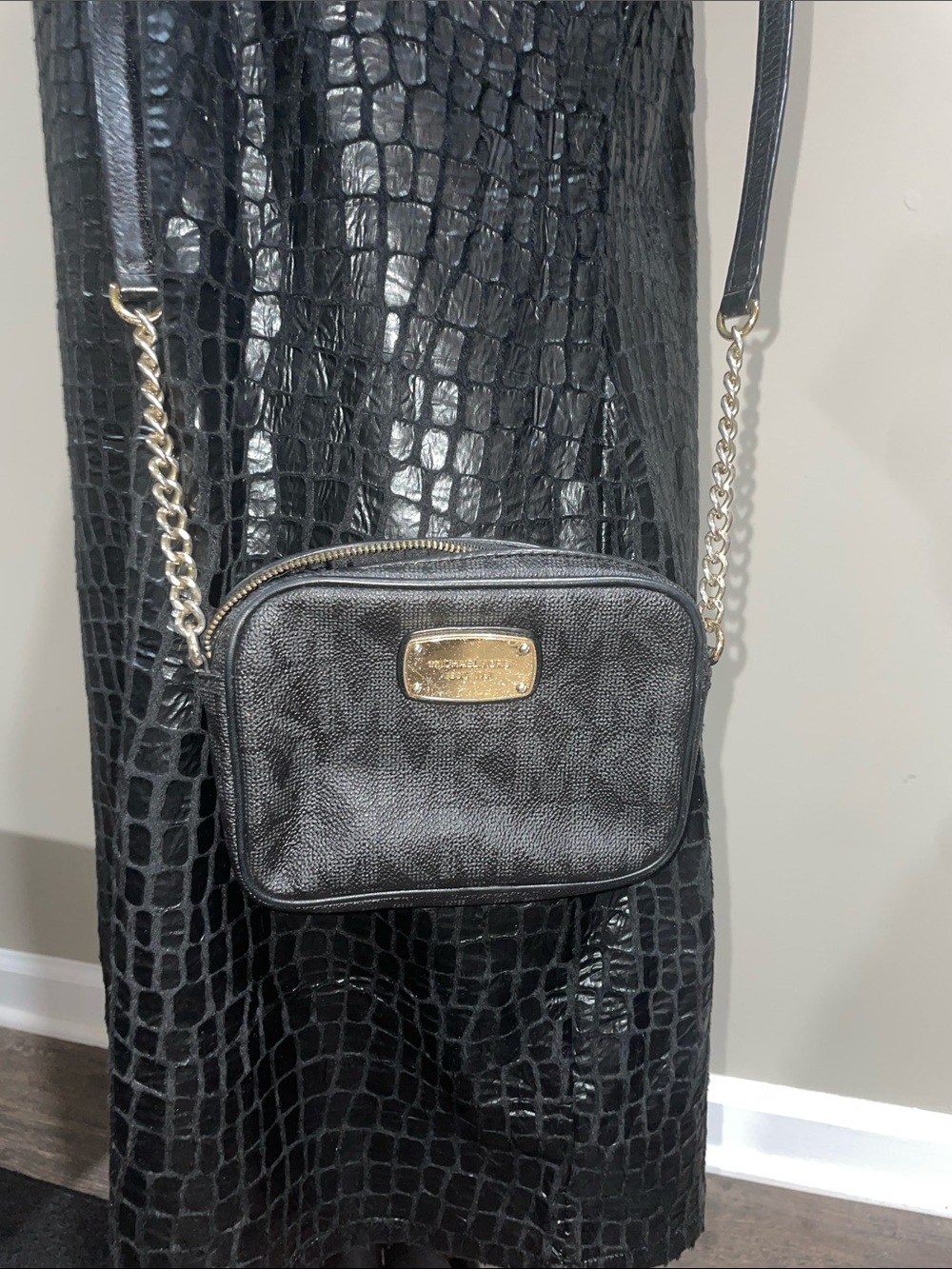 Michael Kors Black Logo-Print Crossbody with Gold Plate